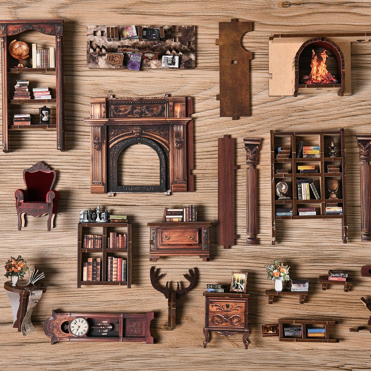 KLEVVO DIY Book Nook Kit, Wooden Miniature Booknook Kit with LED Light, 3D Wooden Bookend Model Building Kit, Handmade Book Nook Gift for Adults Teens Beginners【Micro Light Book Pavilion】