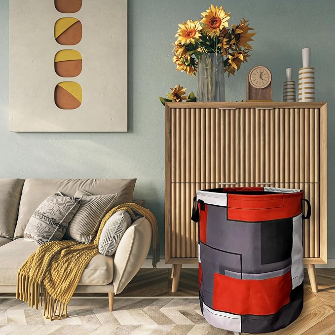 Red Grey Geometry Laundry Basket Foldable