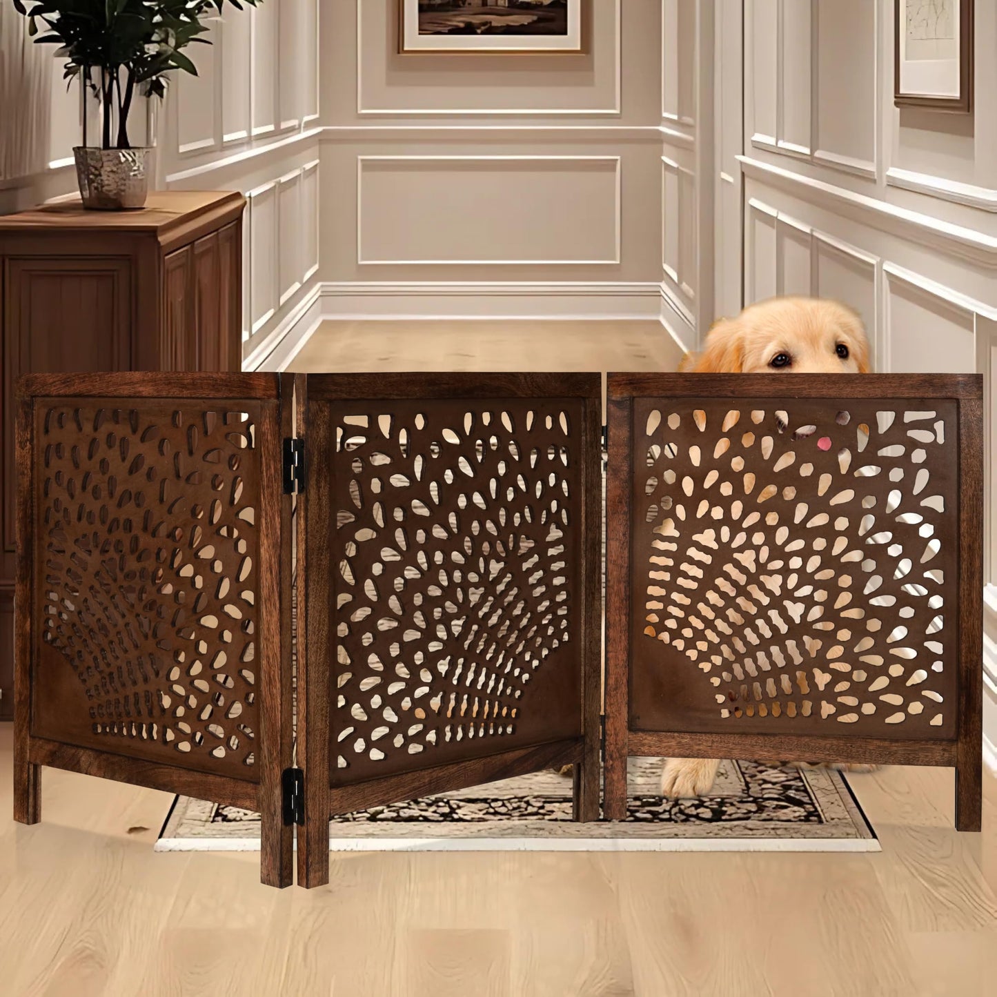 Dog Gate, Wooden, Free Standing, Pet, for the House, Decorative, Gates, Doorways, Foldable, 3 Panels, Fence, Extra Wide, 24" Heightx3Panels, Natural