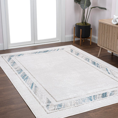 JONATHAN Y Marble Pattern High-Low Silver/Blue Indoor Area Rug, 3x5, Athens Classic Border, Easy-Cleaning for Living Room, Bedroom, Kitchen, Pet Friendly, Non-Shedding (CAR102B-3)