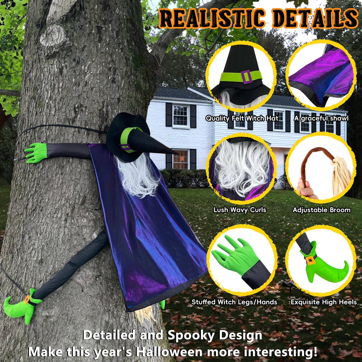 POPGIFTU 64" Large Crashing Witch into Tree Halloween Outdoor Decoration – Funny Flying Witch Yard Prop for Porch, Garden & Lawn, Weather-Resistant Halloween Decor