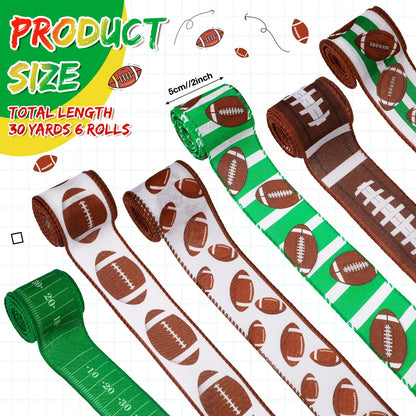 Tigeen 6 Roll Football Wired Edge Ribbon Ball Field Pattern Craft Ribbon Team Sports Burlap Rolls for Wreath Gift Wrapping Bow Sewing DIY Crafts Party Decor, 2 Inch x 30 Yards