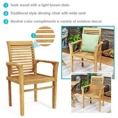 Sunnydaze Solid Teak Outdoor Dining Chair –Durable Wood Slatted Patio Chair with Arms for Backyard, Deck, & Patio - Light Brown Wood Stain Finish