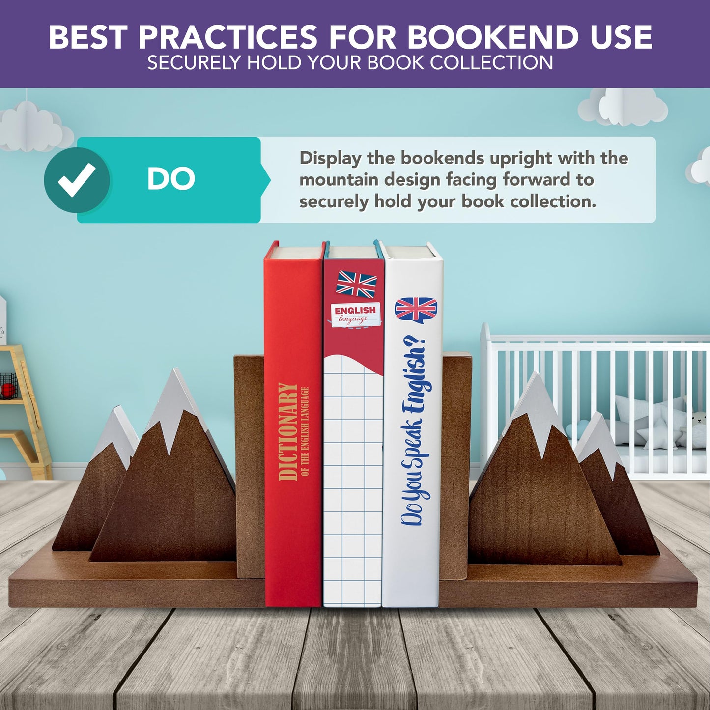 Decorably Dark Walnut Mountain Book Ends for Kids Books - 1 Set Non-Skid Wooden Mountain Bookends for Kids - Kid's Room, Nursery, Classroom