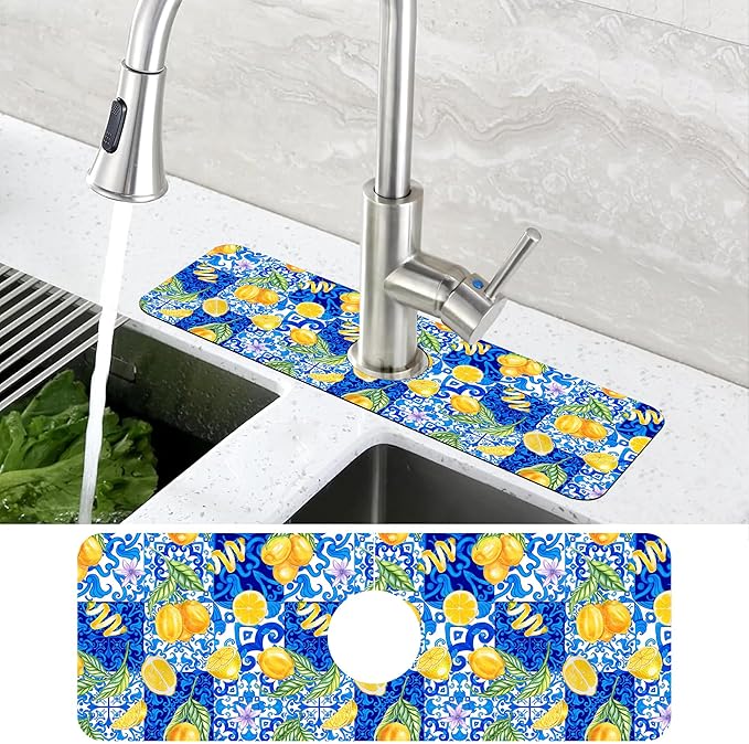 Blue Tiles and Yellow Lemon Sink Faucet Absorbing Mat Sink Splash Guard Faucet