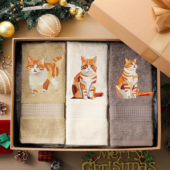 3 Pcs Orange Cat Hand Towels Bathroom Sets Decor Cute Orange Cat Lover Gifts