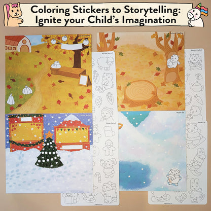 Together Art Seasonal Splendor: Color Your Own Stickers Storytelling Kit - 4 Seasons in 1 DIY Craft for Kids Ages 3+ (Camping, Beach, Christmas) - Road Trip Travel Activities & Homeschool Art Supplies