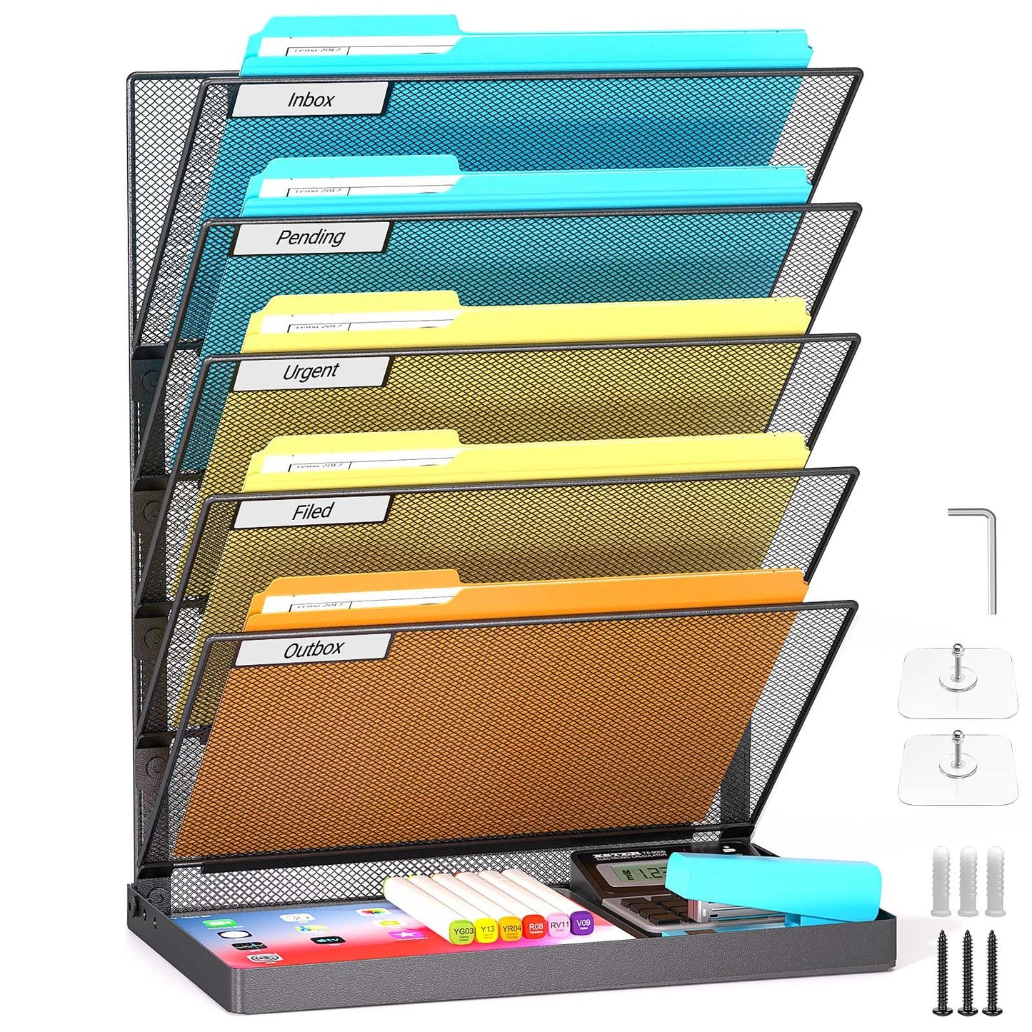 Legal/A4/Letter Size/A3 6 Tier Wall File Organizer,2-in-1 Wall Mounted&Desktop File Holder,2 Installation Methods Screws & Adhesive,Mesh Document Organizer with Label Plate for Home Office