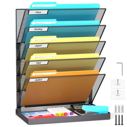 Legal/A4/Letter Size/A3 6 Tier Wall File Organizer,2-in-1 Wall Mounted&Desktop File Holder,2 Installation Methods Screws & Adhesive,Mesh Document Organizer with Label Plate for Home Office