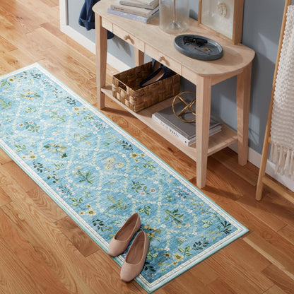 EVERWASH Haven Floral Trellis Machine Washable Area Rug with Airflo Technology for Easy Clean, Ultra-Soft Non-Slip Rug with Built-in Pad, Pet, Family & Allergy Friendly, Blue, 2'6"x7'