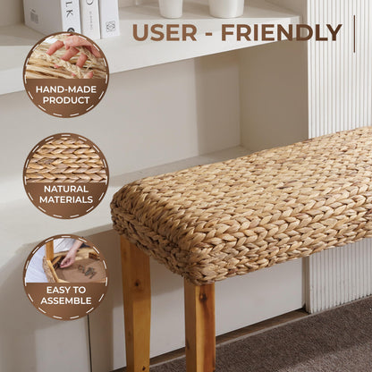 Solid Wood Acacia Indoor Bench with Natural Woven Seat, 47 Inch Wood Bench for Living Room or Entryway Bench, Bedroom End of Bed Bench or Dining Benches, Window Bench (Fishbone, Water Hyacinth)