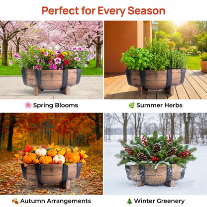 Gardenised 2-Piece Rectangular Half Barrel Flower Pots Rustic Farmhouse Style Faux Wood Planter Containers for Indoor & Outdoor Use Perfect for Displaying Decorative Garden Florals Herbs & Succulents