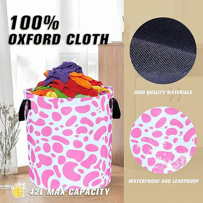 Pink Cow Print Laundry Basket Animal Foldable Oxford Cloth Funny Tote Bag