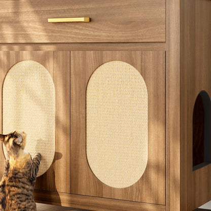 Hidden Cat Litter Box Enclosure Furniture with Scratching Board Doors and Storage Drawer, Wooden Washroom Cat House Cabinet Side Table Nightstand for Living Room, Espresso