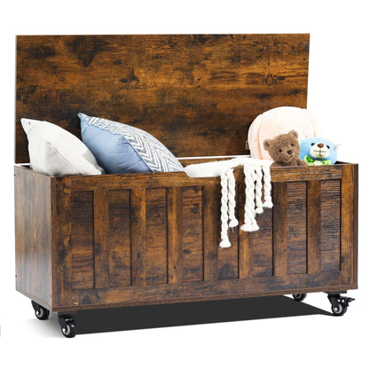 HYZ Storage Chest, 39.4'' Wooden Storage Bench with 4 Wheels & 2 Safety Hinges, Retro Toy Box Support 300 lbs for Bedroom, Living Room, Easy Assembly, Rustic Brown
