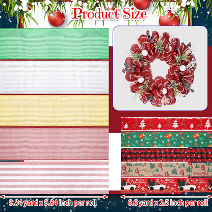 Woanger 10 Rolls Christmas Ribbon Include 5 Roll Wreath Mesh Ribbon Decor 5 Roll Christmas Wired Ribbon Stripe Rolls Metallic Poly Red Green White Decoration Ribbon for DIY Wrapping Craft Wreath Party