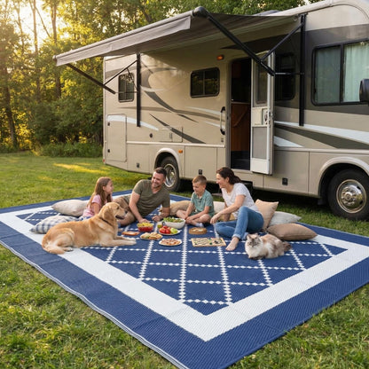 GAOMON Outdoor Rug 8x10 Patio Waterproof Reversible Plastic Straw Rug, Large UV-Resistant Portable RV Camping Mats with 4 Stakes & Carry Bag Boho Geometric Carpet for Outside Deck Porch Garden, Navy