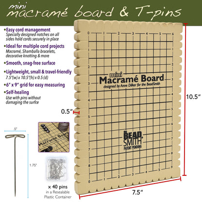 The Beadsmith Mini Macrame Combo - Bead Board 7.5 x 10.5 inches - Box of 40 T-pins 1.75 inches - Bracelet Project & Instructions Included - Ideal for securing & creating Macrame and Knotting Creations