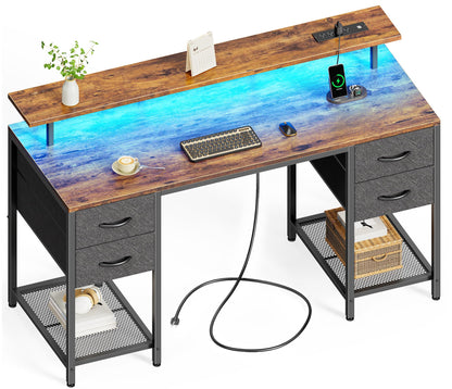 Huuger 55 inch Computer Desk with 4 Drawers, Gaming Desk with LED Lights & Power Outlets, Home Office Desk with Large Storage Space for Bedroom, Work from Home, Rustic Brown