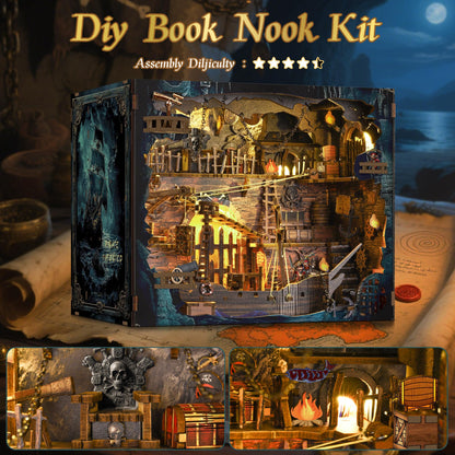 Pirate Book Nook Kit - DIY 3D Wooden Puzzle Miniature House with LED Lights - 400 Pieces - Creative Crafts for Adults - Bookshelf Insert Decor - Educational Gift for Family & Friends