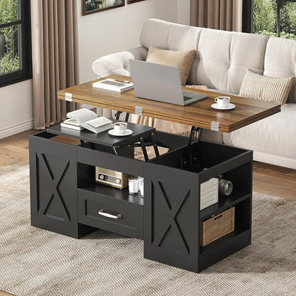 kepptory 39.4'' Lift Top Coffee Table with Storage, 4 in 1 Multi-Function Convertible Coffee Tables for Living Room, Farmhouse Coffee Table with Open Storage Compartment & Drawers (Brown&Black)