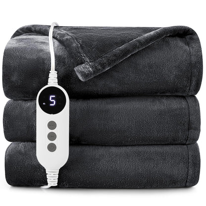 HYLEORY Heated Electric Blanket Throw, 2-Layer Cozy Warm Flannel 50" x 60", Heating Blanket with 9 Heating Levels, 2/4/6/10 Hours Auto Off, Fast Heating Winter Blanket, Dark Grey