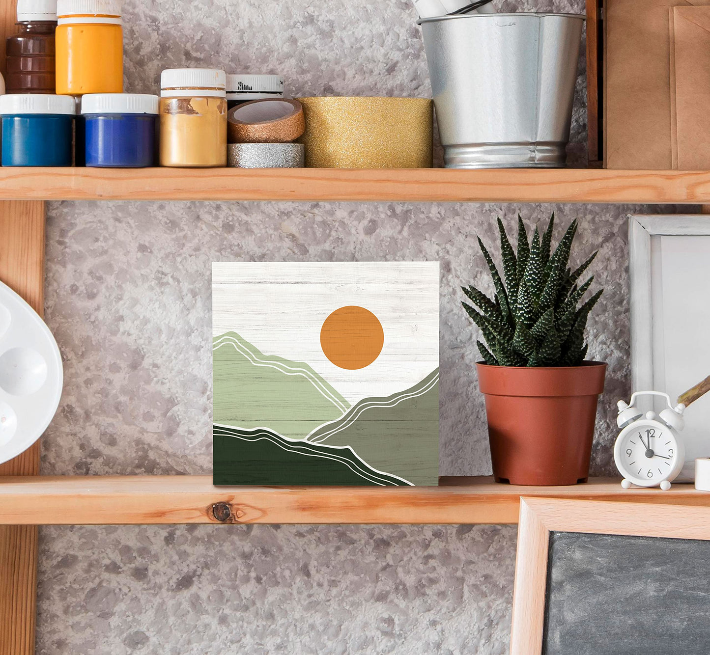 SRADMO Abstract Boho Sun Green Mountains Wood Box Sign Desk Decor, Bohemian Nature Landscape Wooden Block Box Sign Decoration For Home Office Shelf Table Decor