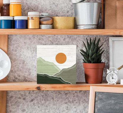 SRADMO Abstract Boho Sun Green Mountains Wood Box Sign Desk Decor, Bohemian Nature Landscape Wooden Block Box Sign Decoration For Home Office Shelf Table Decor