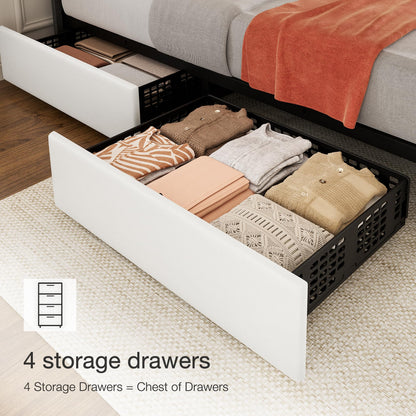 Queen Size Bed Frame with Upholstered Headboard, Queen Platform Bed with 4 Storage Drawers, Wooden Slats Support & Adjustable Headboard, No Box Spring Needed, Noise Free, Easy to Assemble, White