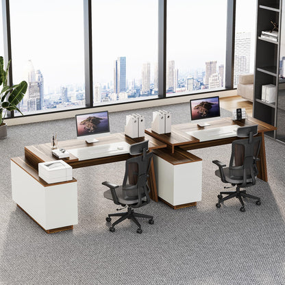 LITTLE TREE 70.5-Inch Executive Desk, Large Home Office Desk with Storage Cabinet and Open Shelves, L-Shaped Computer Corner Desk, Workstation for Office Home, Walnut and Black