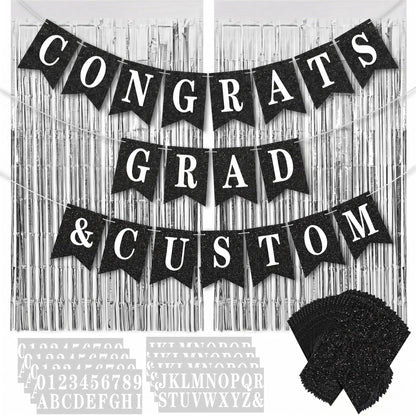 Mooliwe 173 Pcs DIY Custom Banner Kit with 2 Foil Curtain Make Your Own Customizable Letter Banner Sign Decor 20 Paper Pennant 148 Letters Number 1 Rope 2 Threading Device(Classic Style,Black)