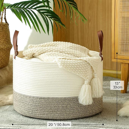 KAKAMAY Large Blanket Basket (20"x13"),Woven Baskets for storage Baby Laundry Hamper,Cotton Rope Blanket Basket for Living Room, Laundry, Nursery, Pillows, Baby Toy chest (White/Beige)