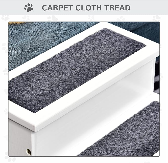 PawHut 3 Step Wooden Carpeted Non Slip Pet Stairs Ramp for Cats and Small Dogs - White