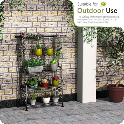 GIOTORENT Plant Stand Indoor, 3-Tier Heavy Duty Metal Shelf for Patio & Indoor, Tall Plant Holds 14+ Plants with 5 Hooks, Rust-Proof Plant Holder for Garden, Balcony, Living Room, Black