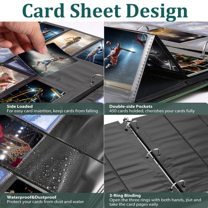 WOT I Deluxe Trading Card Binder, 450 Pockets Collectible Card Binder Sleeves, Refillable Leather 3 Ring Binder with Side-load Pocket Card Pgaes for Holding Cherished Cards - Green
