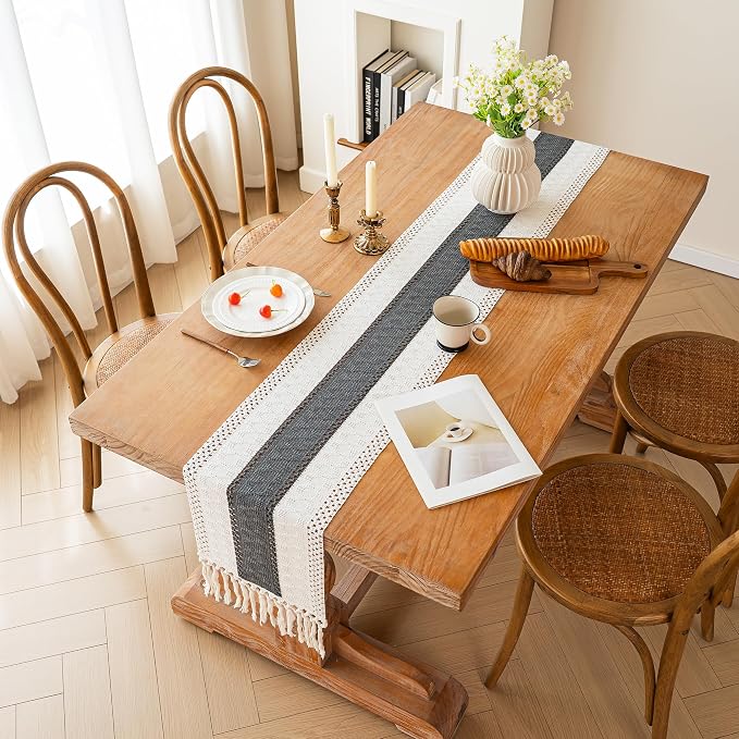 FEXIA Boho Table Runner for Summer Home Decor with Tassels 72 Inches Long Farmhouse Grey Rustic Burlap Table Runner Macrame Table Decoration for Kitchen Bedroom Living Room (12x72 Inches)