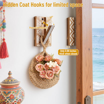 KYIAANY Boho Foldable Wall Hooks: Decorative Wooden Coat Hooks 2Pack Mounted for Heavy Duty Hanging Towels Backpack Bags Hats, Space Saving Home Decor for Aesthetic Homeowners