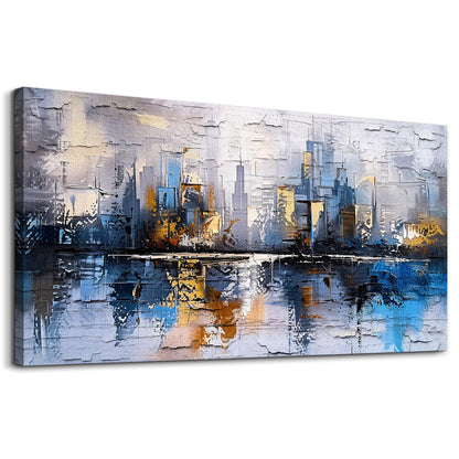 KELIYUAN Abstract City Oil Painting Large Home Decor Mural Living Room Bedroom Modern Printed Canvas Wall Art Yellow Blue Graffiti Mural Office Corridor Can Be Directly Hung Wall Decor 24 X 48 In
