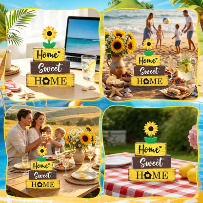 4 Pcs Sunflower Wooden Tiered Tray Decor, Sunflower Sunshine Decorations Gifts for Home, Summer Table Centerpiece for Coffee Bar Beach Party Kitchen