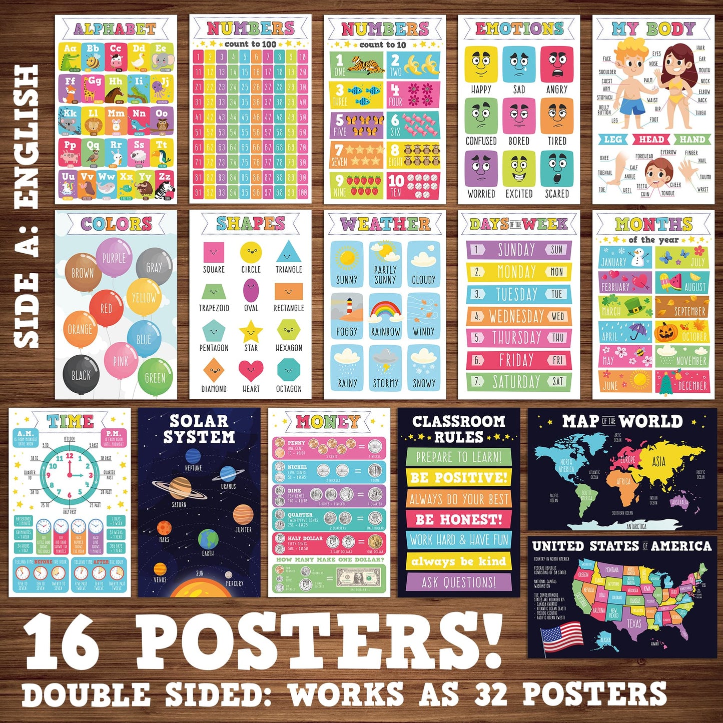 16 Laminated Educational Writing Posters for Kids (English & Spanish) - Double-Sided Learning Charts, 32 Total Designs, Classroom & Homeschool Supplies