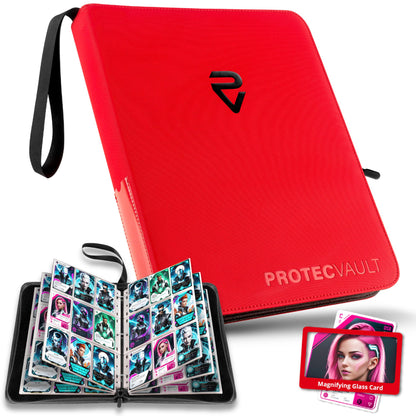 Pokemon Card Binder 900 Pocket with Magnifying Glass - Trading Card Storage Album Zipper 3 Ring for MTG Sports Cards TCG - Premium Red Holder Organizer