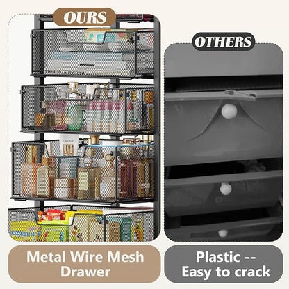 Rolling Cart with Drawers, 5-Drawer Storage Cart on Wheels with Vintage Wooden Top, Heavy Duty Metal Utility Cart, Mobile Craft Art Storage Cart for Kitchen, Bathroom, Office, Bedroom, Art Studio