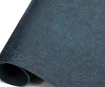Western Style Bump Texture Geometric Pattern 2.0mm(5-5.5oz) Genuine Leather Sheet,Floral Tooling Craft Leather for DIY Projects（Navy Blue | Pattern 12"x12"）
