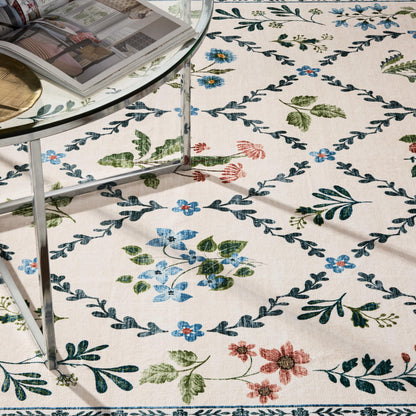 EVERWASH Haven Floral Trellis Machine Washable Area Rug with Airflo Technology for Easy Clean, Ultra-Soft Non-Slip Rug with Built-in Pad, Pet, Family & Allergy Friendly, Ivory, 2'6"x7'
