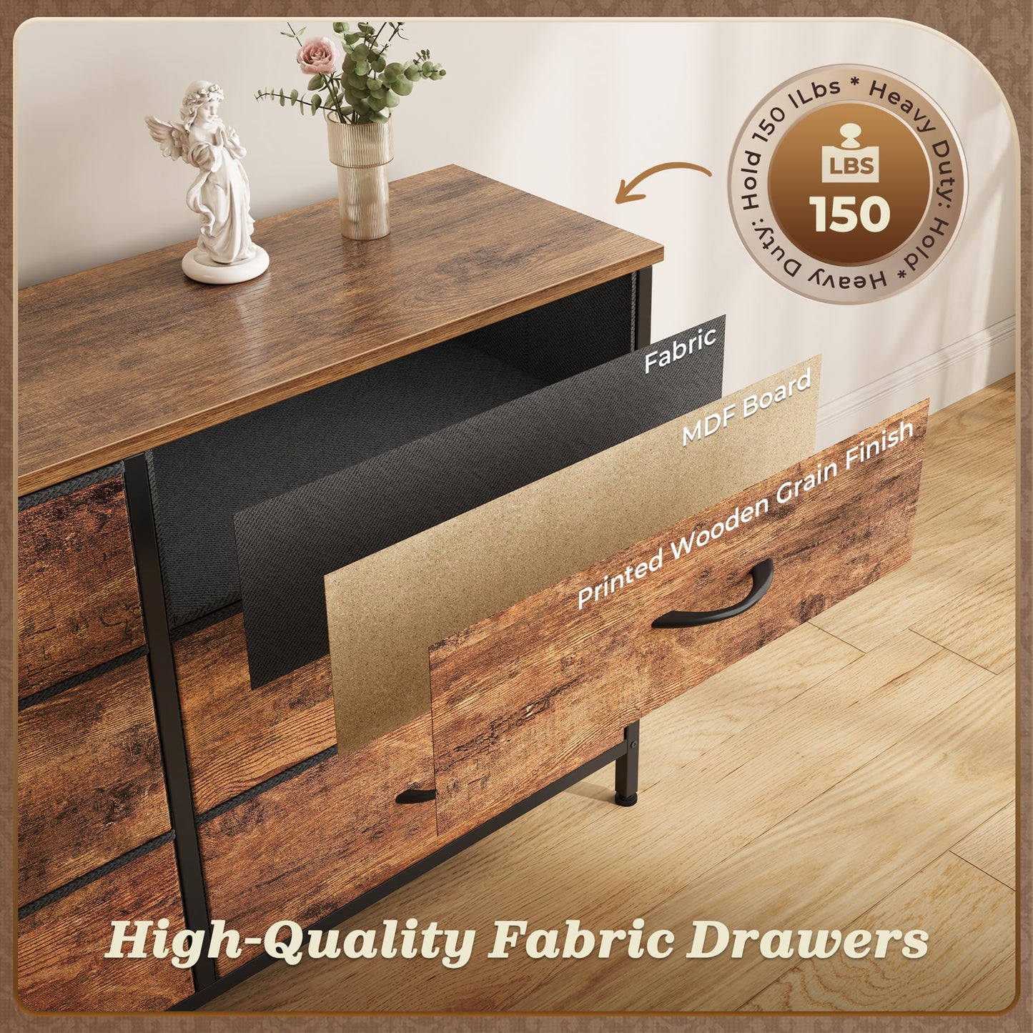 Huuger 70 Inch Dresser for Bedroom, TV Stand for 65, 75, 80 Inch TV, 13 Fabric Drawer Long Dresser, Large Entertainment Center for Bedroom, Wide Chest of Drawer with Storage, Rustic Brown