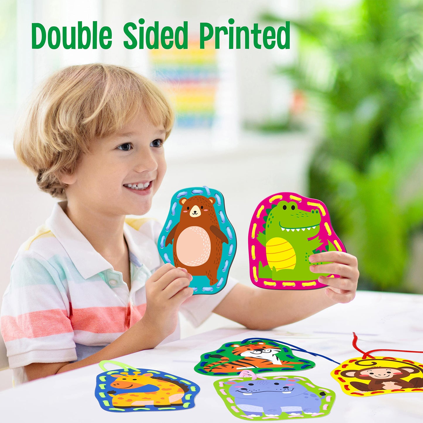 SpriteGru 9 Pieces Kids Lacing Cards, Double Sided Sewing Cards in 9 Wild Animals with 9 Colorful Laces, Imagination Development Lacing Toys Games for Children Educational and Learning Activity