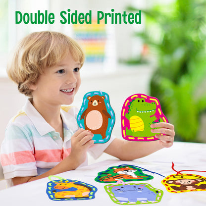 SpriteGru 9 Pieces Kids Lacing Cards, Double Sided Sewing Cards in 9 Wild Animals with 9 Colorful Laces, Imagination Development Lacing Toys Games for Children Educational and Learning Activity