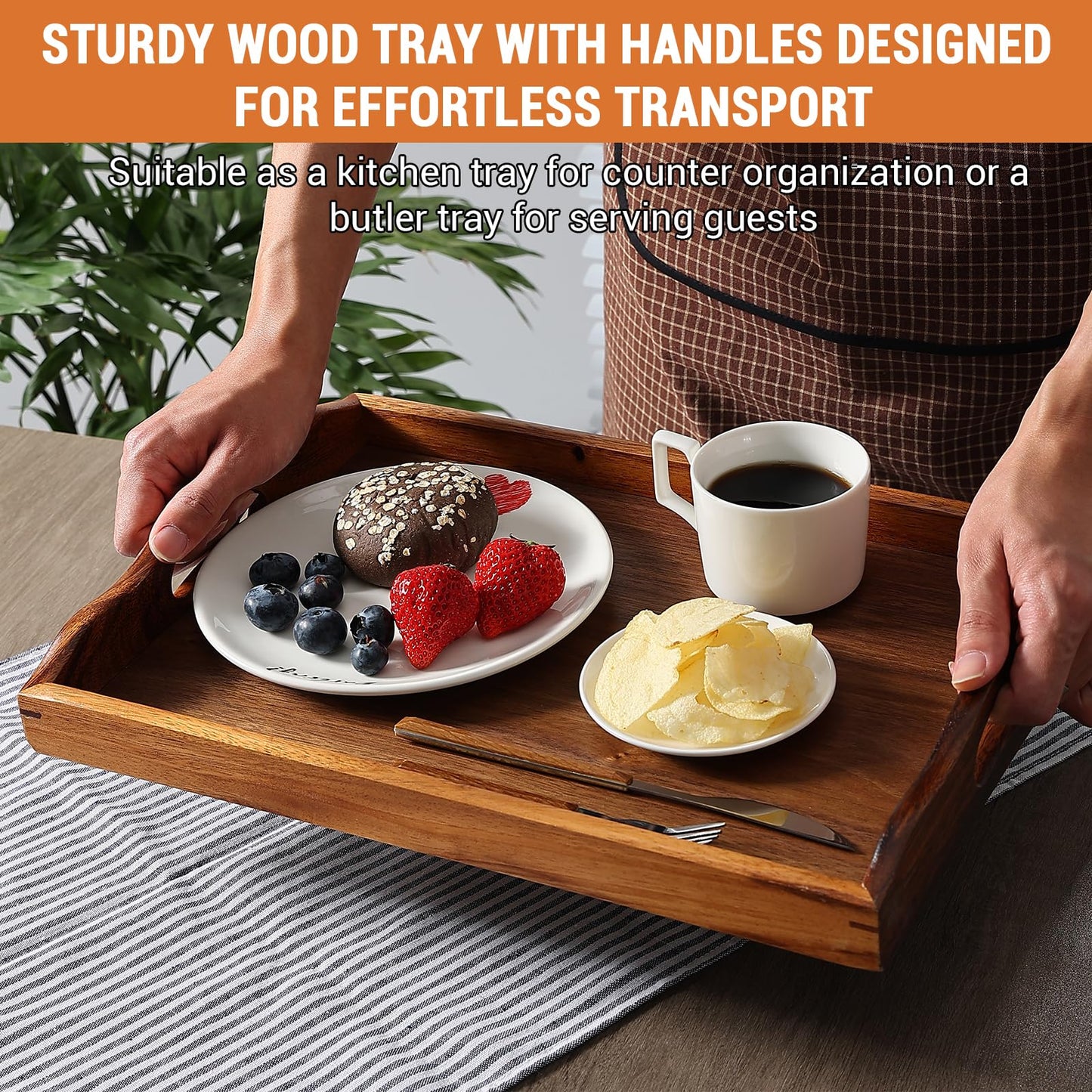 MOOKOMI Nature Walnut Wooden Serving Tray with Handles, Solid Wood Food Tray for Coffee, Breakfast, Dinner, Ottoman,16.6x11.8x2.4 inches