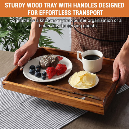 MOOKOMI Nature Walnut Wooden Serving Tray with Handles, Solid Wood Food Tray for Coffee, Breakfast, Dinner, Ottoman,16.6x11.8x2.4 inches
