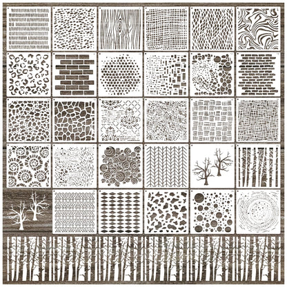 30pcs Texture Stencils for Crafts Reusable Mixed Media Geometric Brick Cubist Leopard Wood Grain Stencil Layering Stencils for Painting on Wood Wall DIY Background Furniture Card Canvas(texture30)